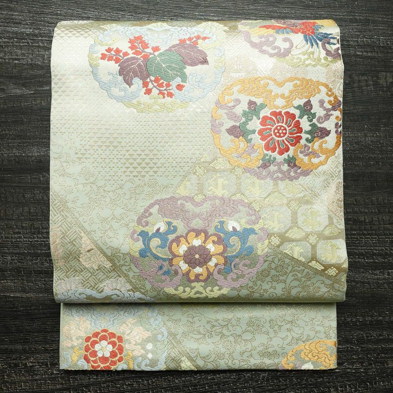 袋帯 六通柄 フォーマル用 正絹 幾何学柄・抽象柄 リサイクル帯 帯 箔 入学式 卒業式 結婚式 七五三 お宮参り 緑・うぐいす色_画像1