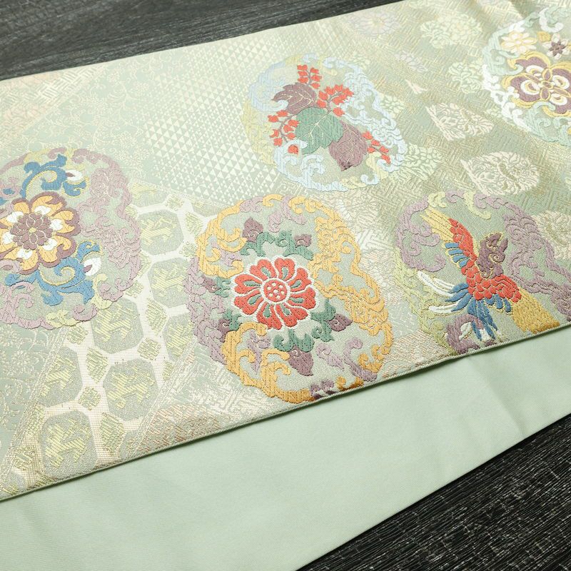 袋帯 六通柄 フォーマル用 正絹 幾何学柄・抽象柄 リサイクル帯 帯 箔 入学式 卒業式 結婚式 七五三 お宮参り 緑・うぐいす色_画像10