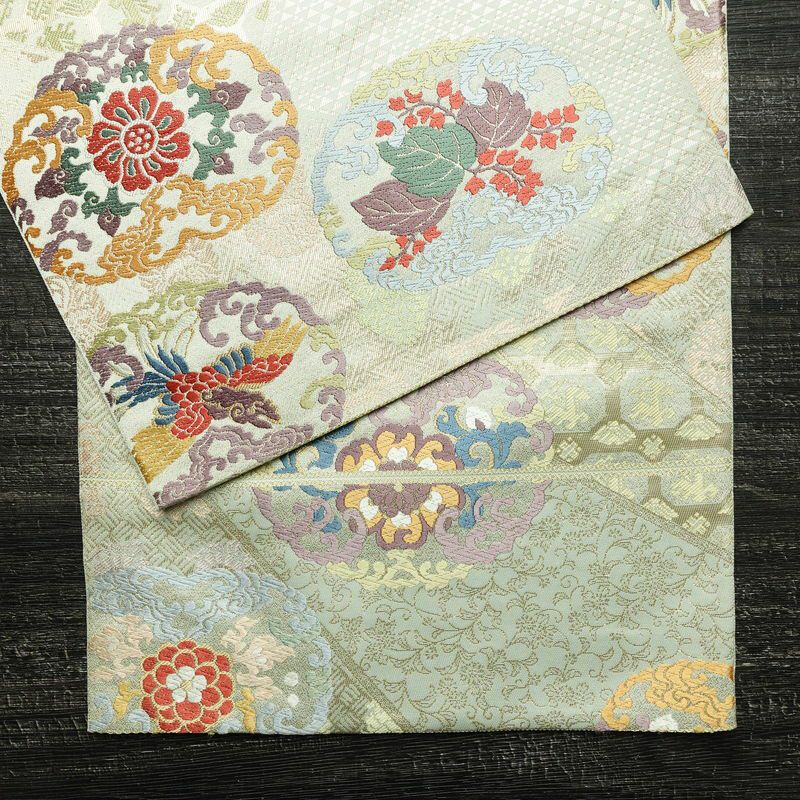 袋帯 六通柄 フォーマル用 正絹 幾何学柄・抽象柄 リサイクル帯 帯 箔 入学式 卒業式 結婚式 七五三 お宮参り 緑・うぐいす色_画像11