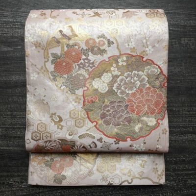 袋帯 本金二重箔 扇面花鳥 文六通柄 良品 フォーマル用 正絹 古典柄 箔