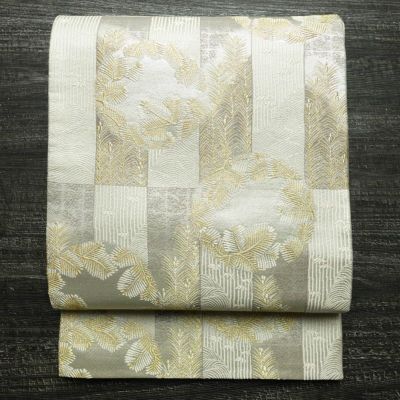 袋帯 六通柄 美品 フォーマル用 正絹 木の葉・植物柄 リサイクル帯 帯 結婚式 パーティー 上品 金・銀