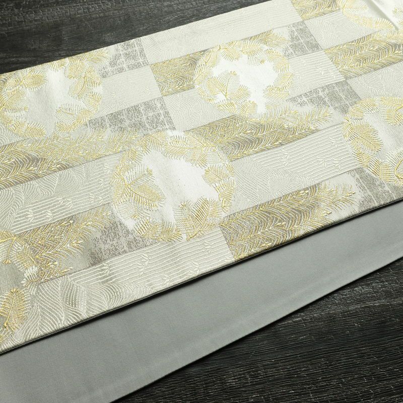 袋帯 六通柄 美品 フォーマル用 正絹 木の葉・植物柄 リサイクル帯 帯 結婚式 パーティー 上品 金・銀_画像12