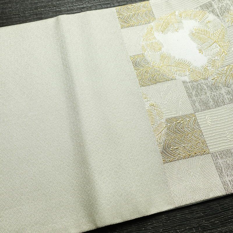 袋帯 六通柄 美品 フォーマル用 正絹 木の葉・植物柄 リサイクル帯 帯 結婚式 パーティー 上品 金・銀_画像17