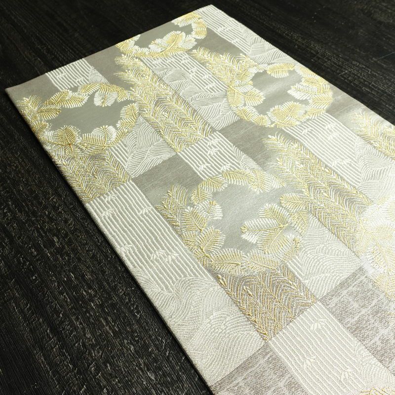 袋帯 六通柄 美品 フォーマル用 正絹 木の葉・植物柄 リサイクル帯 帯 結婚式 パーティー 上品 金・銀_画像18