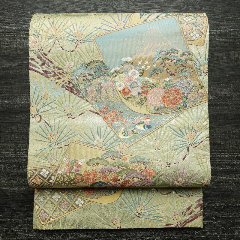 袋帯 六通柄 美品 フォーマル用 正絹 木の葉・植物柄 リサイクル帯 帯 入学式 卒業式 結婚式 七五三 パーティー お宮参り 上品 松 緑・うぐいす色_画像1
