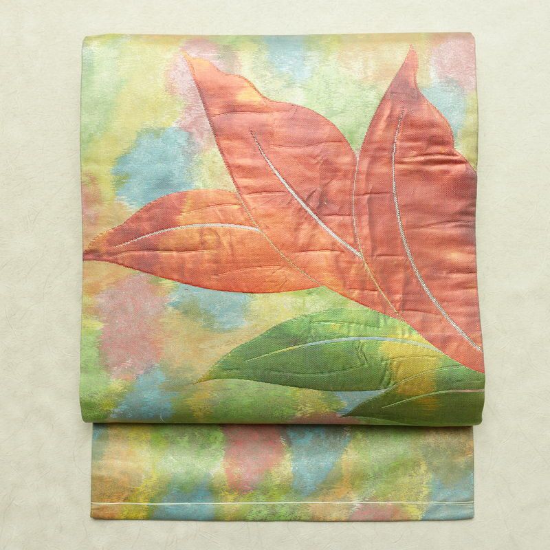 名古屋帯 太鼓柄 正絹 花柄 名古屋仕立て なごや帯 リサイクル帯 帯 箔 緑・うぐいす色_画像1