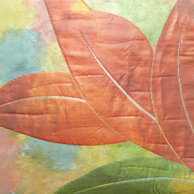 名古屋帯 太鼓柄 正絹 花柄 名古屋仕立て なごや帯 リサイクル帯 帯 箔 緑・うぐいす色_画像2