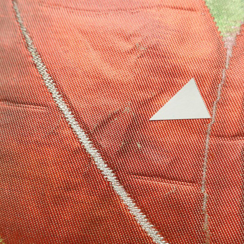 名古屋帯 太鼓柄 正絹 花柄 名古屋仕立て なごや帯 リサイクル帯 帯 箔 緑・うぐいす色_画像4