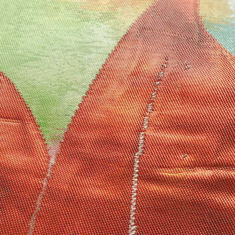 名古屋帯 太鼓柄 正絹 花柄 名古屋仕立て なごや帯 リサイクル帯 帯 箔 緑・うぐいす色_画像6