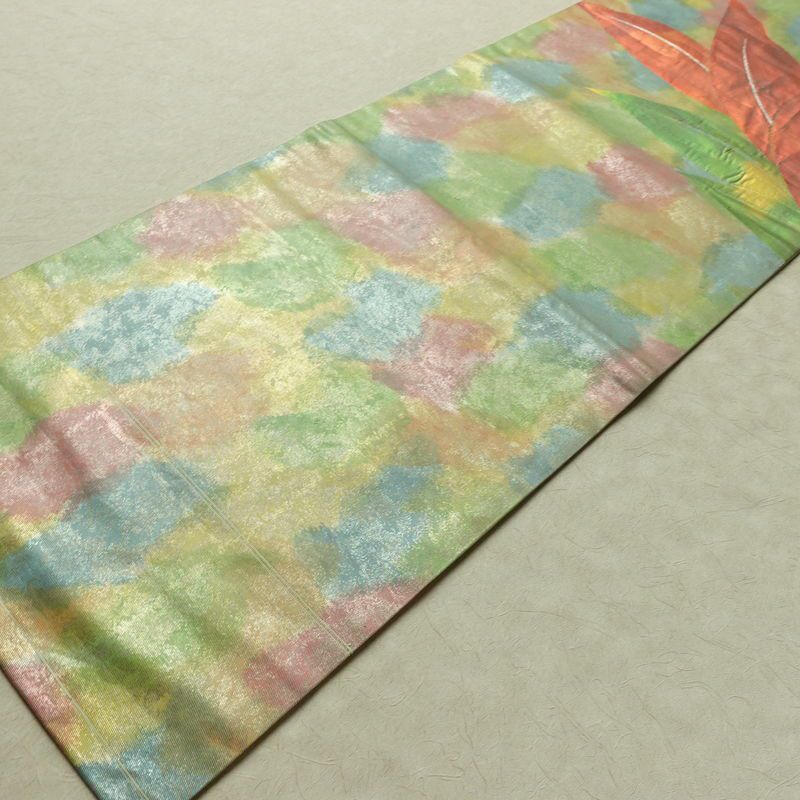 名古屋帯 太鼓柄 正絹 花柄 名古屋仕立て なごや帯 リサイクル帯 帯 箔 緑・うぐいす色_画像9