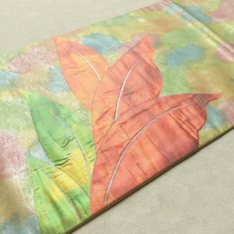 名古屋帯 太鼓柄 正絹 花柄 名古屋仕立て なごや帯 リサイクル帯 帯 箔 緑・うぐいす色_画像11