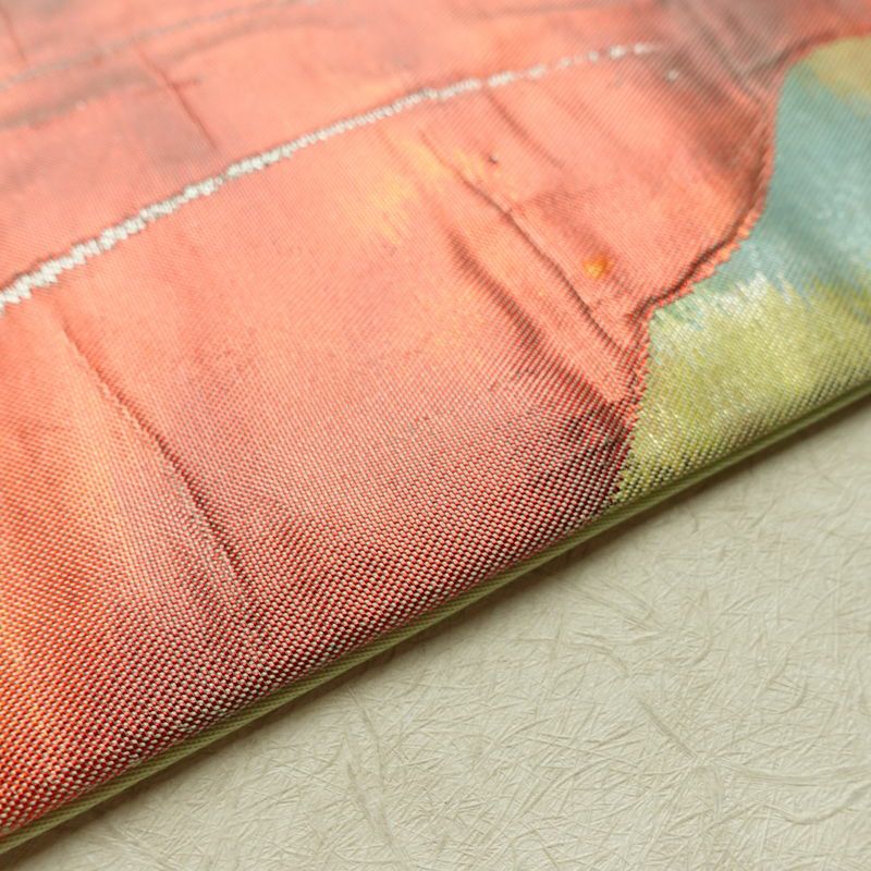 名古屋帯 太鼓柄 正絹 花柄 名古屋仕立て なごや帯 リサイクル帯 帯 箔 緑・うぐいす色_画像12