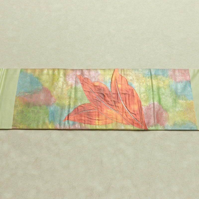 名古屋帯 太鼓柄 正絹 花柄 名古屋仕立て なごや帯 リサイクル帯 帯 箔 緑・うぐいす色_画像14