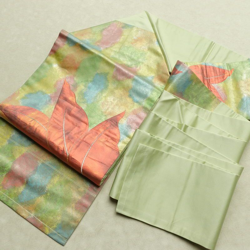 名古屋帯 太鼓柄 正絹 花柄 名古屋仕立て なごや帯 リサイクル帯 帯 箔 緑・うぐいす色_画像18