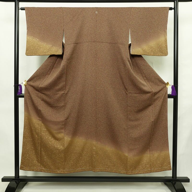 付け下げ 美品 しつけ糸付き 一つ紋付き 正絹 その他の柄 袷仕立て 身丈151cm 裄丈63cm リサイクル着物 箔 共八掛 卒業式 パーティー フォーマル モダン 茶_画像1