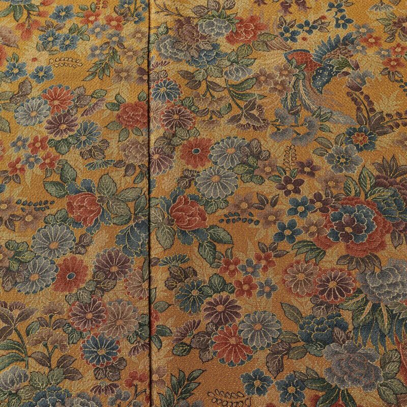 単衣 小紋 良品 縮緬 総柄 正絹 花柄 単衣仕立て 身丈159cm 裄丈66cm リサイクル着物 着物 菊 黄・黄土色_画像6