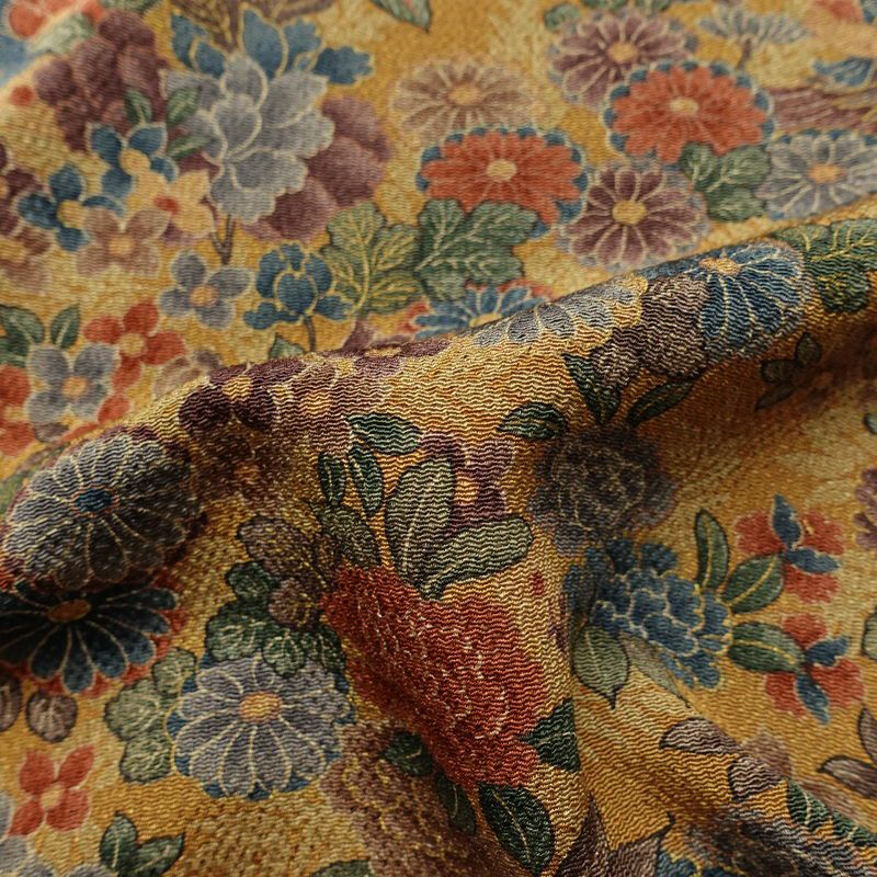 単衣 小紋 良品 縮緬 総柄 正絹 花柄 単衣仕立て 身丈159cm 裄丈66cm リサイクル着物 着物 菊 黄・黄土色_画像21