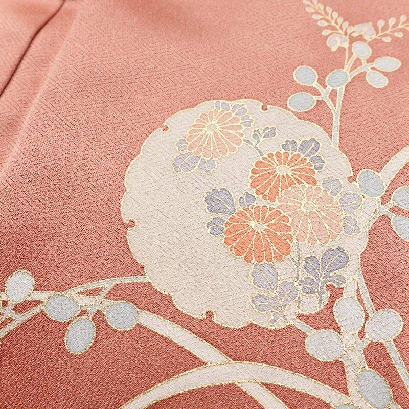 付け下げ 良品 綸子 一つ紋付き トールサイズ 正絹 花柄 袷仕立て 身丈169cm 裄丈68cm リサイクル着物 着物 箔 金彩 入学式 卒業式 結婚式 七五三 パーティー お宮参り フォーマル 菊 ピンク_画像18