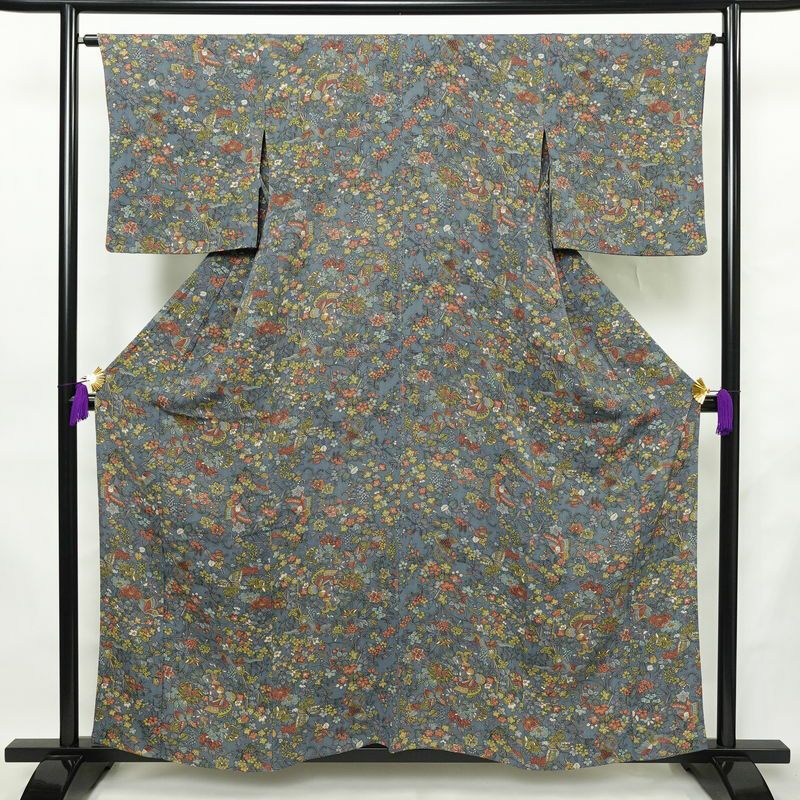 単衣 小紋 良品 縮緬 総柄 正絹 花柄 単衣仕立て 身丈157.5cm 裄丈64cm リサイクル着物 着物 青・紺_画像1