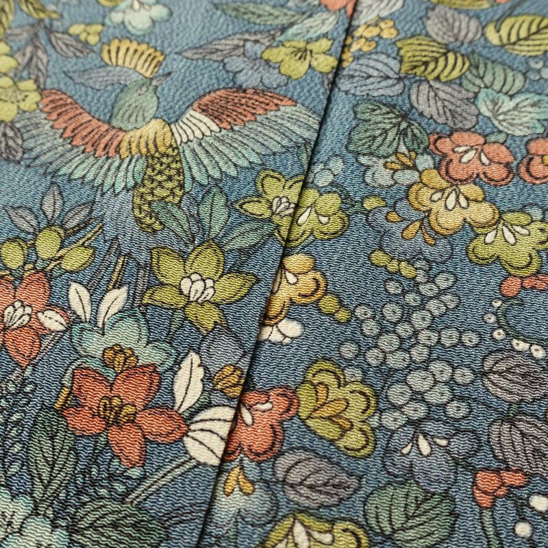 単衣 小紋 良品 縮緬 総柄 正絹 花柄 単衣仕立て 身丈157.5cm 裄丈64cm リサイクル着物 着物 青・紺_画像10
