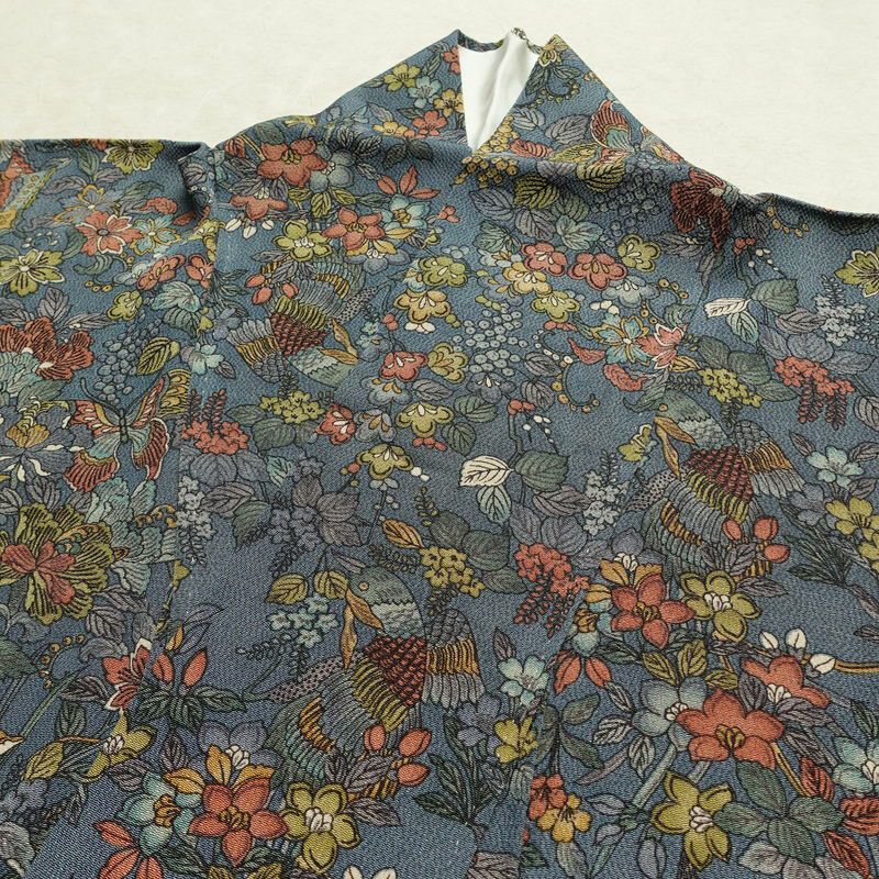 単衣 小紋 良品 縮緬 総柄 正絹 花柄 単衣仕立て 身丈157.5cm 裄丈64cm リサイクル着物 着物 青・紺_画像16
