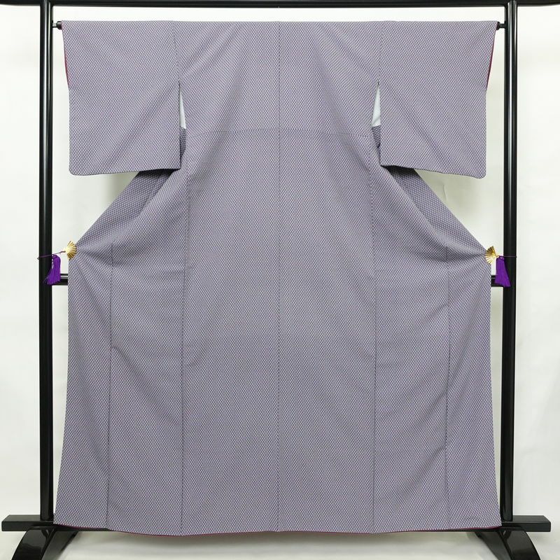 小紋 縮緬 総柄 正絹 古典柄 袷仕立て 身丈160cm 裄丈65.5cm リサイクル着物 着物 紫・藤色_画像1