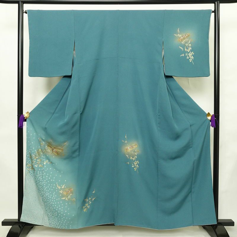 付け下げ 金駒刺繍 絞り 正絹 古典柄 袷仕立て 身丈158.5cm 裄丈65.5cm リサイクル着物 着物 箔 入学式 卒業式 結婚式 パーティー フォーマル 青・紺_画像1