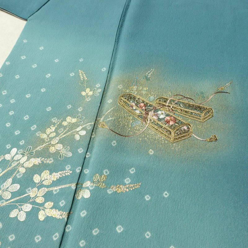 付け下げ 金駒刺繍 絞り 正絹 古典柄 袷仕立て 身丈158.5cm 裄丈65.5cm リサイクル着物 着物 箔 入学式 卒業式 結婚式 パーティー フォーマル 青・紺_画像5