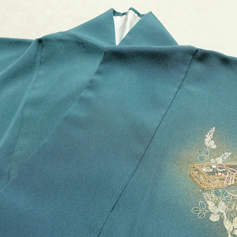 付け下げ 金駒刺繍 絞り 正絹 古典柄 袷仕立て 身丈158.5cm 裄丈65.5cm リサイクル着物 着物 箔 入学式 卒業式 結婚式 パーティー フォーマル 青・紺_画像18
