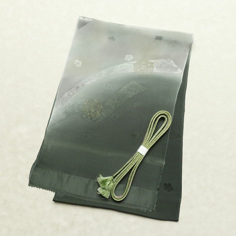 帯揚げ帯締めセット セット品 平組 正絹 古典柄 和装小物 緑・うぐいす色_画像1