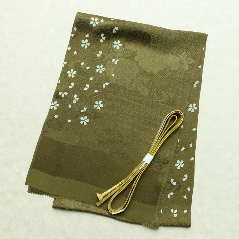 帯揚げ帯締めセット 美品 セット品 平組 正絹 花柄 フォーマル 菊 桜 和装小物 綸子 緑・うぐいす色_画像1