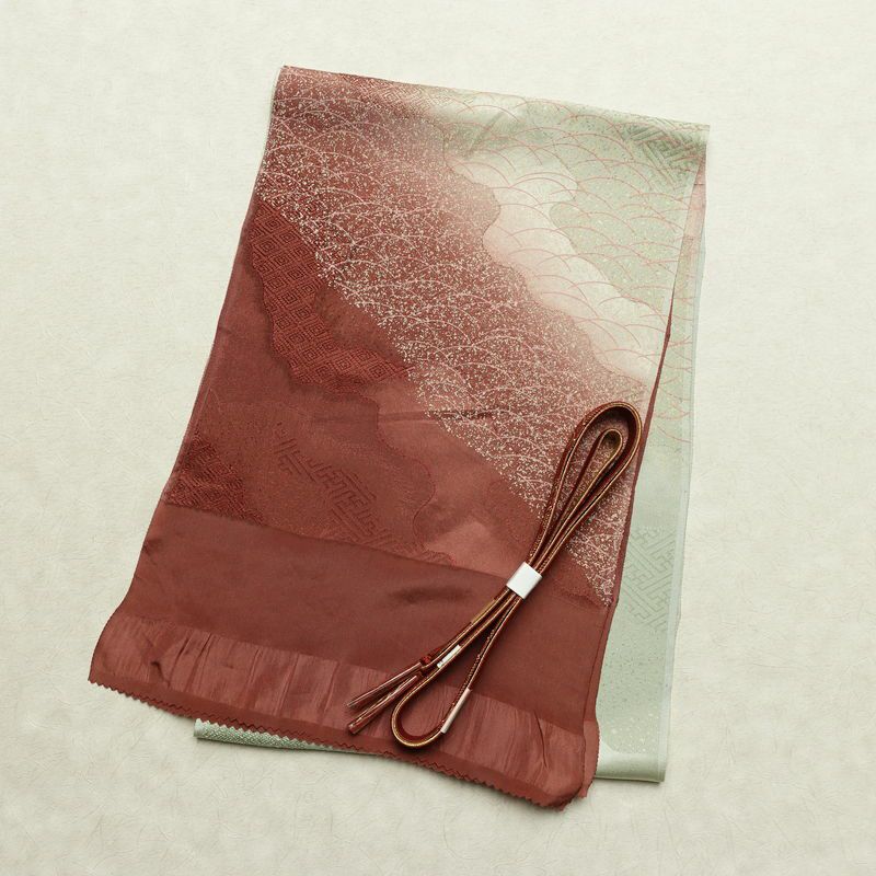 帯揚げ帯締めセット 美品 セット品 平組 正絹 古典柄 フォーマル 和装小物 芝 紗綾形 小豆・エンジ_画像1