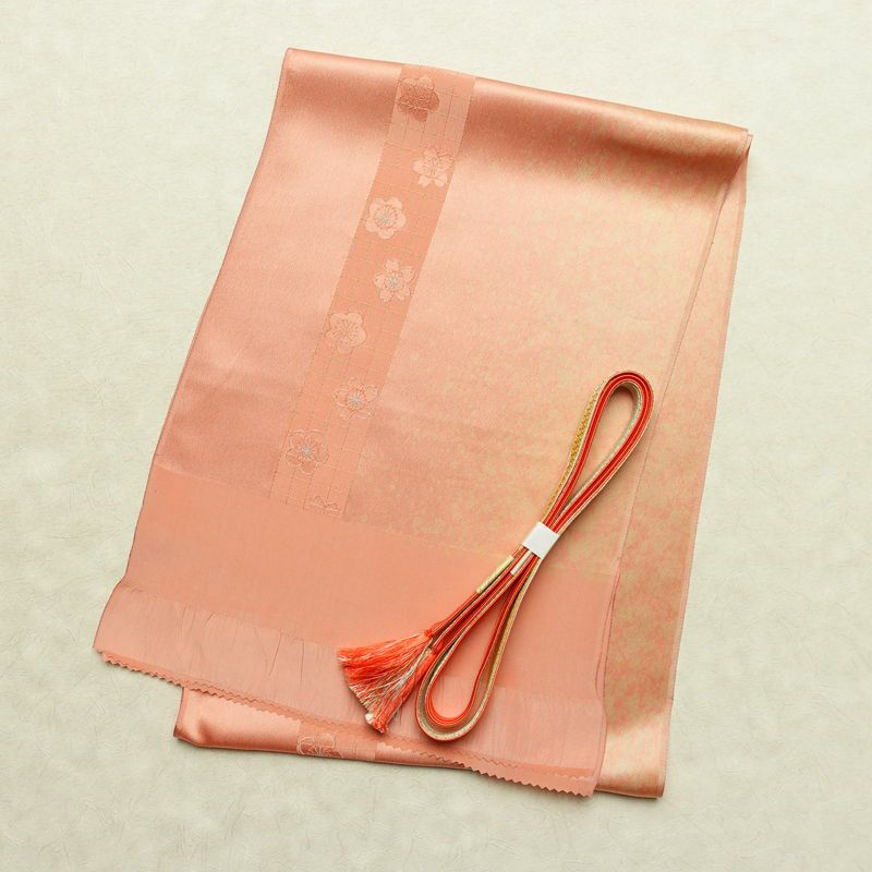 帯揚げ帯締めセット 良品 セット品 平組 正絹 花柄 フォーマル 桜 金糸 綸子 和装小物 ピンク_画像1