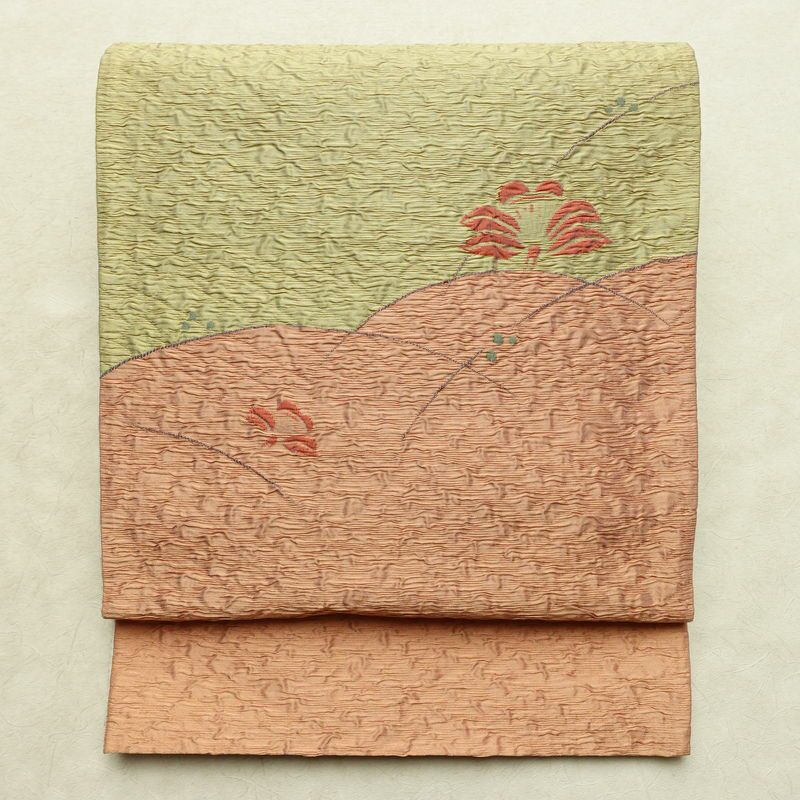 名古屋帯 太鼓柄 ふくれ織 正絹 花柄 通し仕立て なごや帯 リサイクル帯 帯 ピンク_画像1