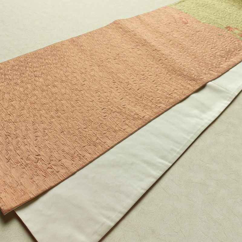 名古屋帯 太鼓柄 ふくれ織 正絹 花柄 通し仕立て なごや帯 リサイクル帯 帯 ピンク_画像8