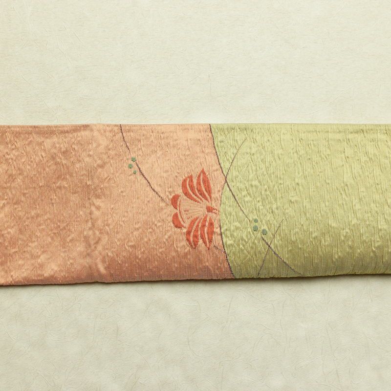名古屋帯 太鼓柄 ふくれ織 正絹 花柄 通し仕立て なごや帯 リサイクル帯 帯 ピンク_画像15