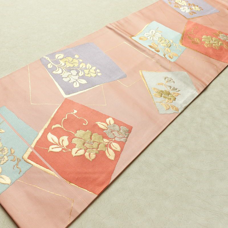 名古屋帯 六通柄 良品 正絹 花柄 名古屋仕立て なごや帯 リサイクル帯 帯 引箔 ピンク_画像8