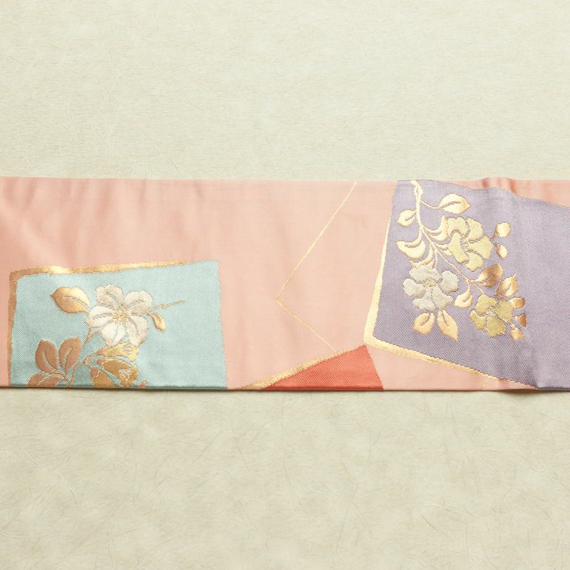 名古屋帯 六通柄 良品 正絹 花柄 名古屋仕立て なごや帯 リサイクル帯 帯 引箔 ピンク_画像12