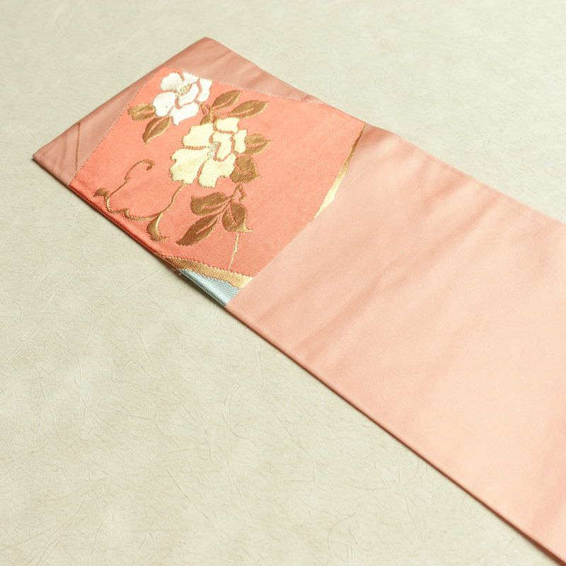 名古屋帯 六通柄 良品 正絹 花柄 名古屋仕立て なごや帯 リサイクル帯 帯 引箔 ピンク_画像14