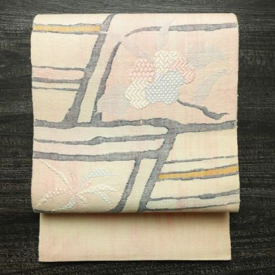 名古屋帯 太鼓柄 正絹 木の葉・植物柄 松葉仕立て なごや帯 リサイクル帯 帯 紬地 ピンク