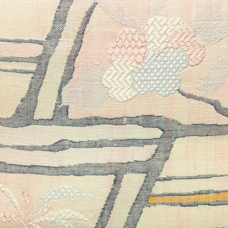 名古屋帯 太鼓柄 正絹 木の葉・植物柄 松葉仕立て なごや帯 リサイクル帯 帯 紬地 ピンク_画像2