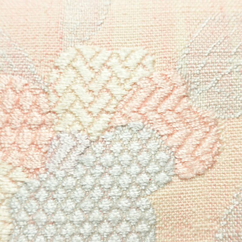 名古屋帯 太鼓柄 正絹 木の葉・植物柄 松葉仕立て なごや帯 リサイクル帯 帯 紬地 ピンク_画像4