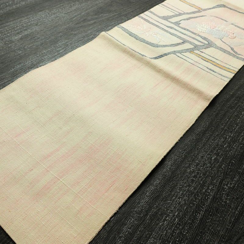 名古屋帯 太鼓柄 正絹 木の葉・植物柄 松葉仕立て なごや帯 リサイクル帯 帯 紬地 ピンク_画像10