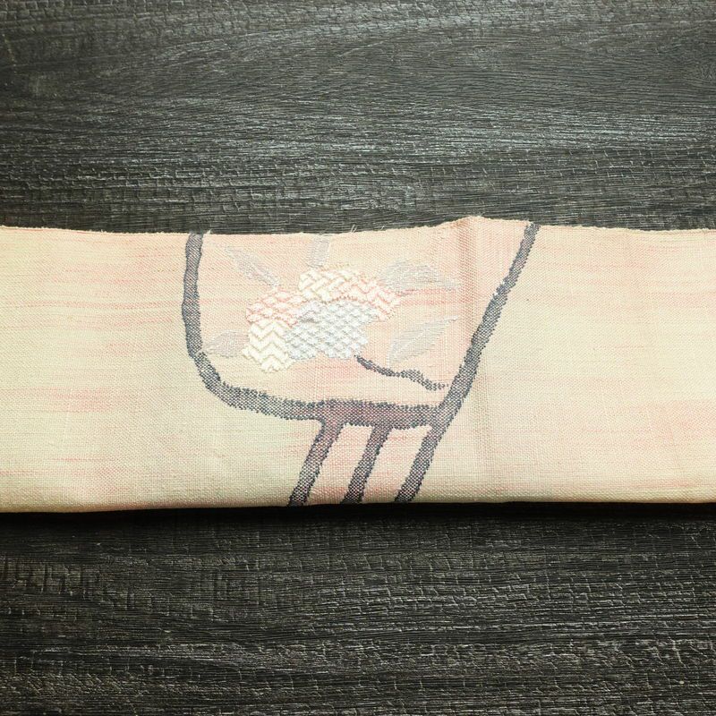 名古屋帯 太鼓柄 正絹 木の葉・植物柄 松葉仕立て なごや帯 リサイクル帯 帯 紬地 ピンク_画像15