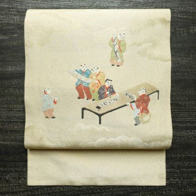 名古屋帯 太鼓柄 正絹 人物・動物柄 名古屋仕立て なごや帯 リサイクル帯 帯 箔 金糸 銀糸 ベージュ