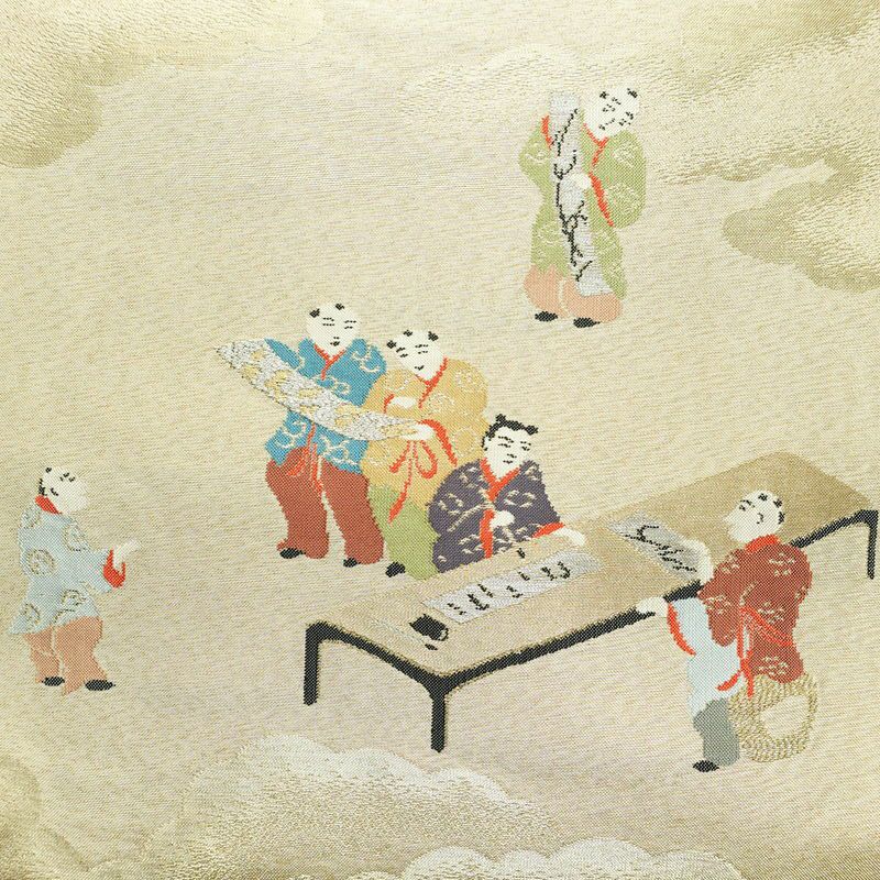 名古屋帯 太鼓柄 正絹 人物・動物柄 名古屋仕立て なごや帯 リサイクル帯 帯 箔 金糸 銀糸 ベージュ_画像2