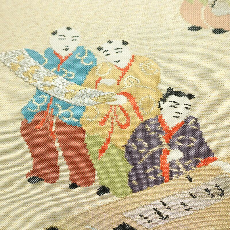 名古屋帯 太鼓柄 正絹 人物・動物柄 名古屋仕立て なごや帯 リサイクル帯 帯 箔 金糸 銀糸 ベージュ_画像4