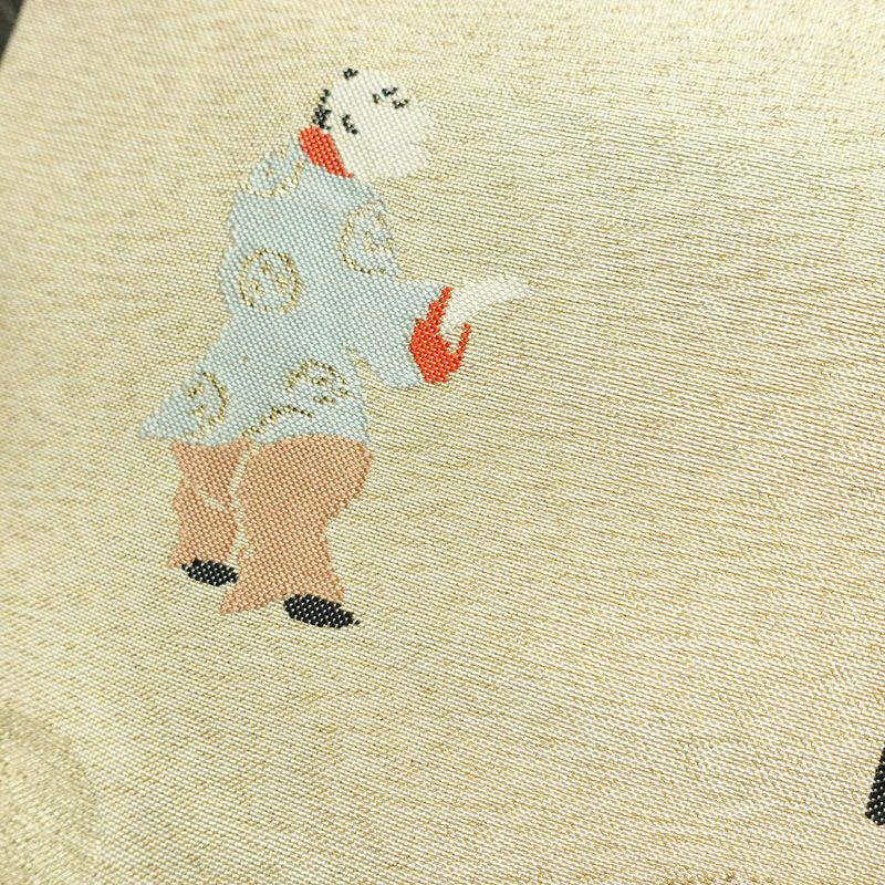 名古屋帯 太鼓柄 正絹 人物・動物柄 名古屋仕立て なごや帯 リサイクル帯 帯 箔 金糸 銀糸 ベージュ_画像5