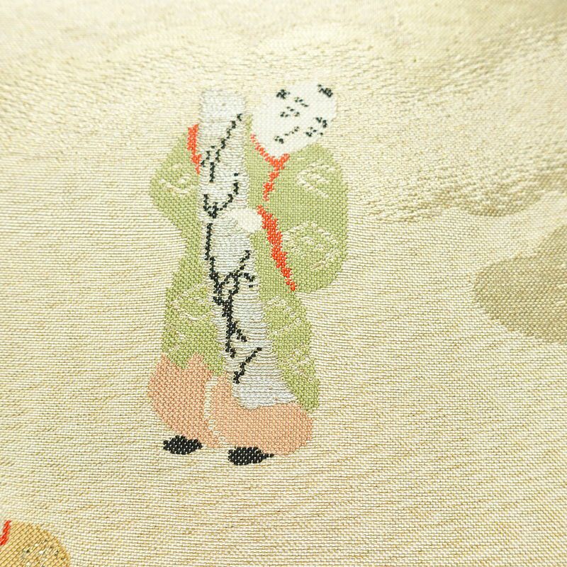 名古屋帯 太鼓柄 正絹 人物・動物柄 名古屋仕立て なごや帯 リサイクル帯 帯 箔 金糸 銀糸 ベージュ_画像6