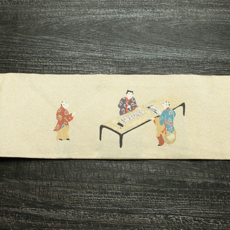 名古屋帯 太鼓柄 正絹 人物・動物柄 名古屋仕立て なごや帯 リサイクル帯 帯 箔 金糸 銀糸 ベージュ_画像12